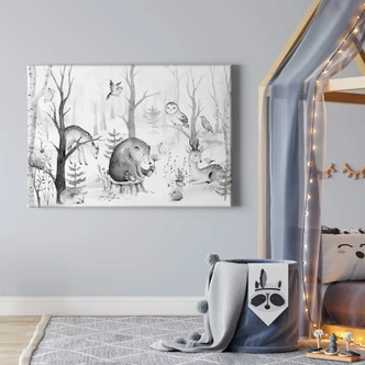 Obraz na płótnie Kvilis - Przyjaciele zwierząt w lesie - czarno-biały 