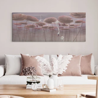 Canvas schilderij Lotusbloemen met zwaan in water in donkerroze - Ms Tiff - Panorama 