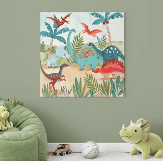 Lienzo dinosaurios coloridos en un bosque primitivo | Decoración de habitaciones infantiles - Bonne Müller - Cuadrado 