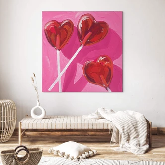Leinwandbild Pink - Key and Sea - Lollipop in Herzform - Quadratisch 