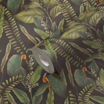 Jungle tapet sort grøn - non-woven tapet blomstret med blade og blomster 