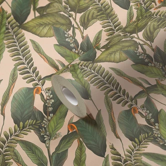 jungle tapet creme grøn - non-woven tapet blomstret med blade og blomster 
