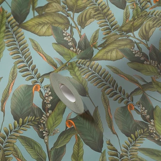jungle tapet blå grøn - non-woven tapet blomster med blade og blomster 