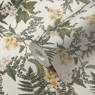 plantetapet med blomster grågrøn - non-woven tapet med blomstermotiver 