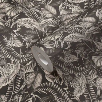 tapet med junglemotiv sort og hvid - non-woven tapet med planter og blomster 