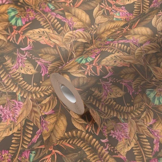 tapet med junglemotiv brun beige - non-woven tapet med blomster i blå lilla 
