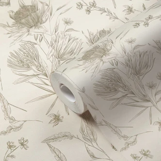 Tapet med ritade blommor vit svart - non-woven tapet blommig med blommor 