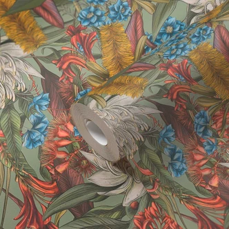 Vliestapete mit Dschungel-Muster Grün - Tapete mit großen Blüten bunt  