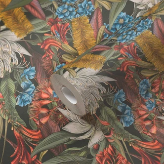 non-woven wallpaper with jungle pattern black green - wallpaper big blossoms colourful  