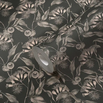 floral wallpaper with olive branches black and white - floral non-woven wallpaper with olives 