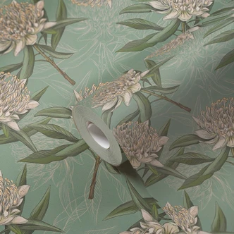 Carta da parati floreale in tessuto non tessuto verde chiaro - Carta da parati floreale con fiori bianchi Carta da parati floreale in tessuto non tessuto verde chiaro - Carta da parati floreale con fiori bianchi