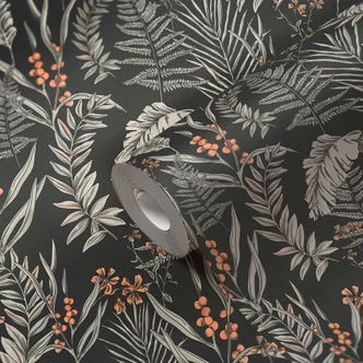 junglemønstret tapet med græsser sort og hvid - tapet med orange blomster 