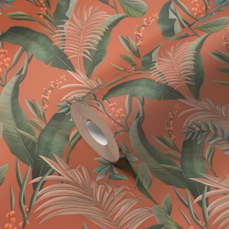 Papier peint à motifs avec feuilles et herbes Vert orange - papier peint intissé jungle 