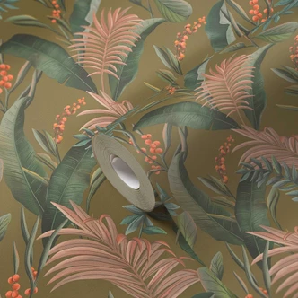 patterned wallpaper with leaves and grasses khaki green - jungle non-woven wallpaper 