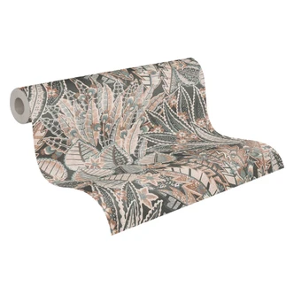 Papier peint intissé design avec impression botanique dans les tons gris - design mural élégant 