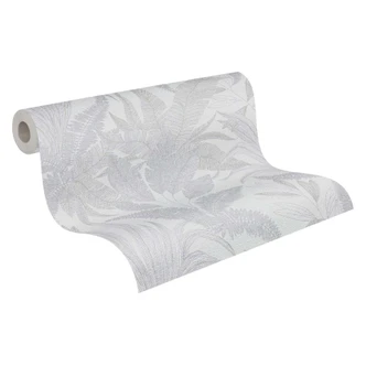 Papier peint avec un délicat motif de feuilles en gris et blanc - papier peint d'inspiration naturelle 