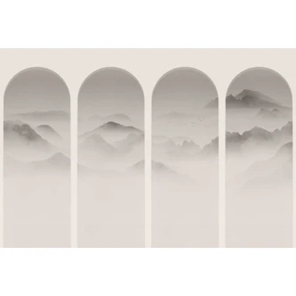 window view wallpaper with mountain panorama in grey tones - non-woven wallpaper 