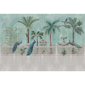 Oosters tuinbehang met pauwen - elegant vliesbehang in pastelkleur 