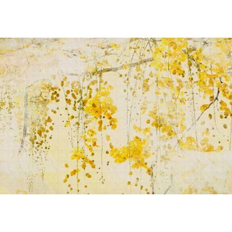 Yellow autumn leaves photo wallpaper on cream - non-woven wallpaper in watercolour style 