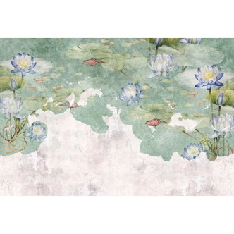 Water lily watercolour wallpaper in blue and green - non-woven wallpaper with aquatic flora 