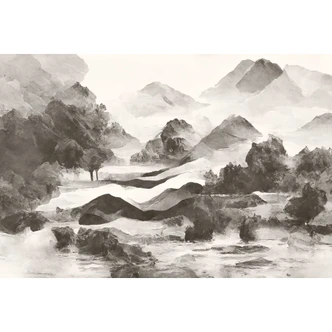 Monochrome Berglandschaft Tapete - Kunstvolle Aquarell Optik 