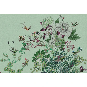 Bloemen behang met kolibrie - romantische bloementuin scène 