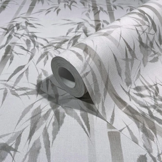 Vliestapete in grau Bambus Blätter Floral Natur  