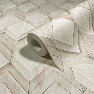 Vliestapete in weiß, beige Rauten Illusion 3D-Optik Modern  