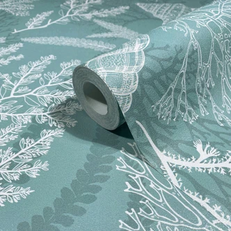 Non-woven wallpaper in white, green shells underwater graphic nature  