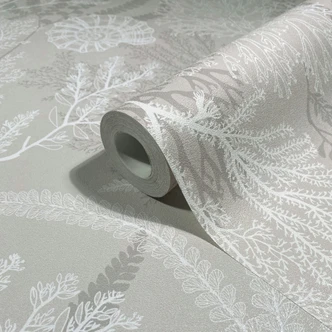 Non-woven wallpaper in white, beige shells underwater graphic nature  