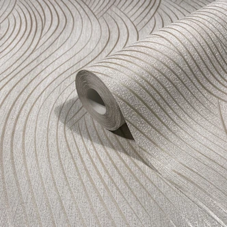 Tapeta z włókniny w kolorze beżowym, szarym o wyglądzie fali, graficzna, nowoczesna  
