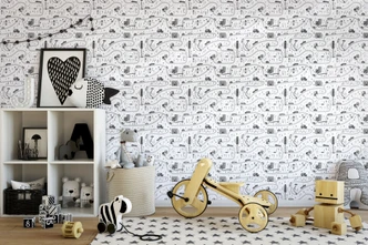 Kindertapete, Vliestapete mit Illustration Kids Walls weiß, grau  