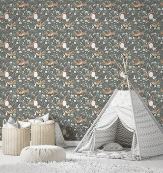 Kindertapete, Vliestapete mit Illustration Kids Walls grün, grau 