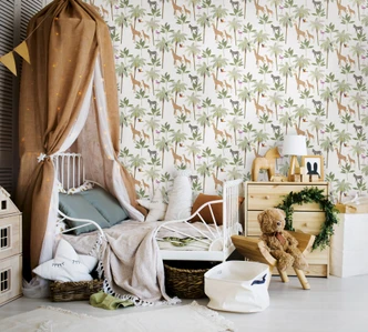 Kindertapete, Vliestapete mit Illustration Kids Walls weiß, grün, beige 