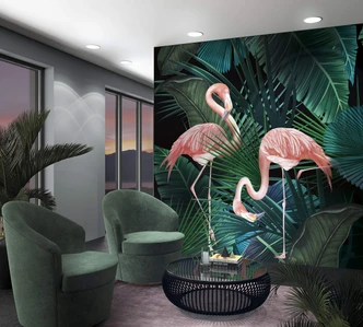 Fototapete mit Flamingos und Pflanzen, Rosa Illustration - 2,70 x 2,65 m 