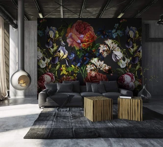 Fototapete mit Blumenmotiven, Schwarz Floral 3.40 x 3.18 m 