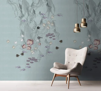 Photo wallpaper with fish, green Illustration 3.40 x 2.12 m 