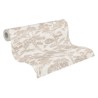 Ikke-vævet tapet Lin Zen Branches beige hvid med grene asiatisk - brune træer skovtapet grene 