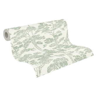 Icke-vävd tapet Lin Zen Branches grön vit med grenar asiatiska - träd skog tapet grenar hall kontor 