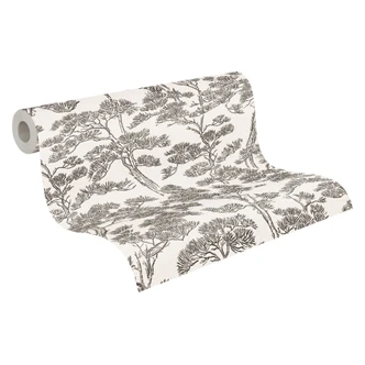 Icke-vävd tapet Lin Zen Branches vit svart grå asiatisk - träd skog tapeter grenar vardagsrum 