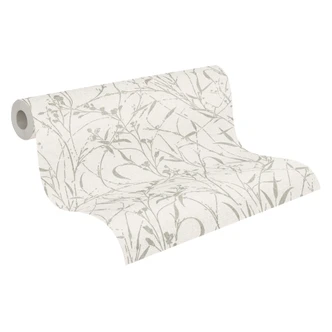 Ikke-vævet tapet Fee Wild Free creme grøn grå metallic - græsser vilde blomster stue gang køkken 