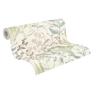 Icke-vävd tapet Elodie Maison Botanique grön blå brun - vita löv gräs örter vardagsrum 