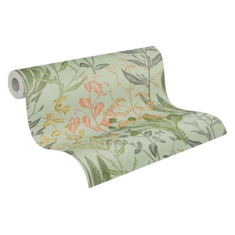 Ikke-vævet tapet Elodie Maison Botanique grøn rosa beige - grå blade græsser urter stue 