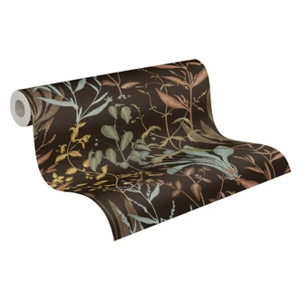 Icke-vävd tapet Elodie Maison Botanique svartgrön brun - blå löv gräs örter hall 