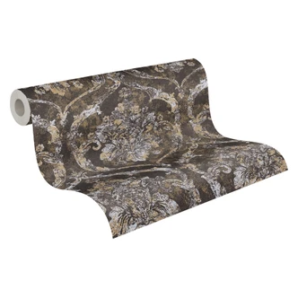 Icke-vävd tapet Davide Ornament Black Metallic - Maison Du Temps neoklassisk hall i vardagsrummet 