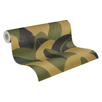 Icke-vävd tapet Isabelle Golden Canopy palmblad gulgrön - djungel svart metallisk hall 