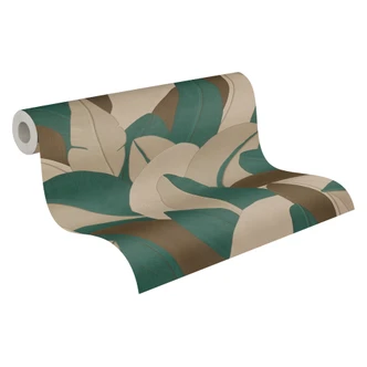 Icke-vävd tapet Isabelle Golden Canopy palmer petrol beige - palmblad djungel brun grön 