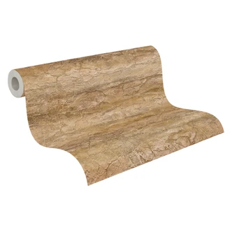 Papel pintado no tejido Tamika Raw Heritage aspecto piedra marrón beige - aspecto ladrillo aspecto yeso amarillo metálico 