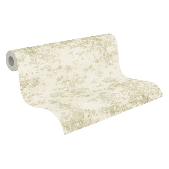 Carta da parati in tessuto non tessuto Astrid Whispering Woods verde crema metallizzato - Carta da parati foresta alberi acquerello lucido 