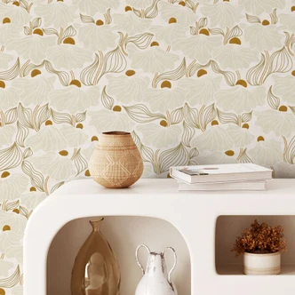 Tapet med mønster Minimalistiske blomster i creme og guld | Blomstret non-woven tapet - Annick 